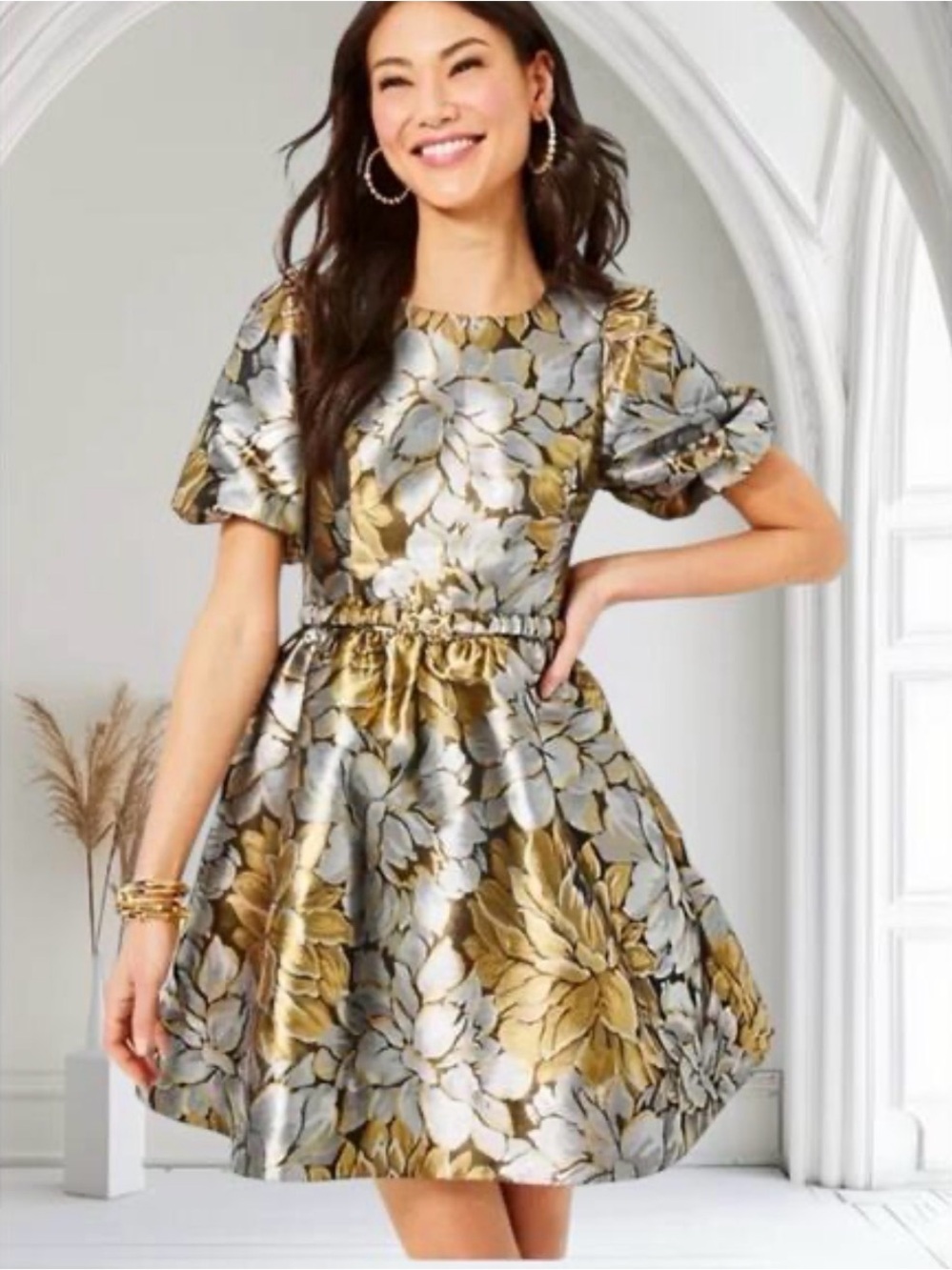 Lilly Pulitzer Metallic Floral Puff-Sleeve Dress in Gold and Silver